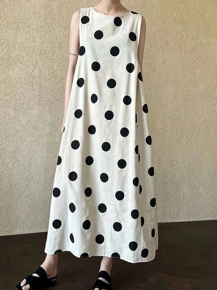 Women White Dot Printed Pleated Big Size Elegant Dress New Round Neck Sleeveless Fashion Tide Spring Summer 2025 1DJ0367