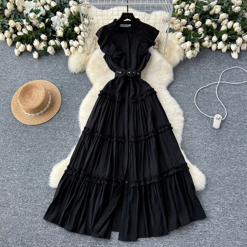 Load image into Gallery viewer, Vintage New Summer Women Black Evening Party Ruffle Edge Long Dress French White Elegant Sleeveless Slim Prom Pleated Vest Dress
