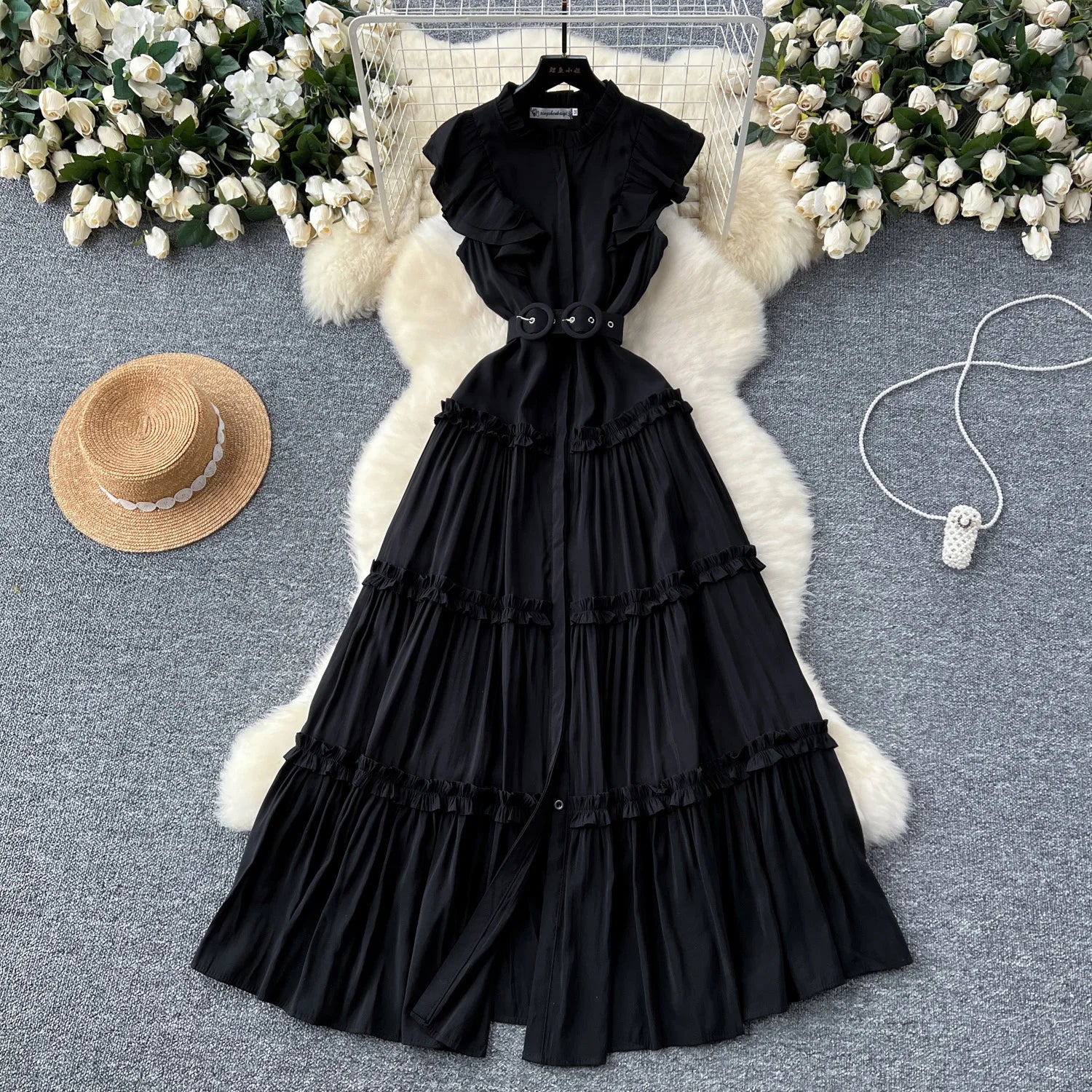 Vintage New Summer Women Black Evening Party Ruffle Edge Long Dress French White Elegant Sleeveless Slim Prom Pleated Vest Dress
