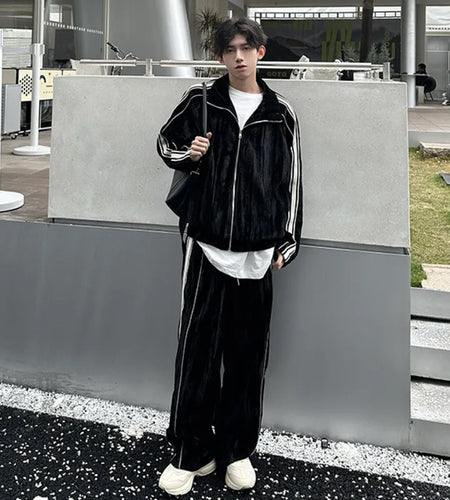 Niche Design Men's Two-piece Striped Lapel Contrast Color Jackets Straight Wide Leg Drawstring Male Sweatshirts 2025 9C9203