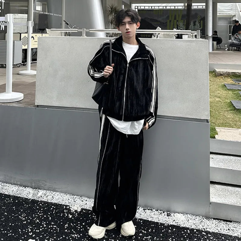 Niche Design Men's Two-piece Striped Lapel Contrast Color Jackets Straight Wide Leg Drawstring Male Sweatshirts 2025 9C9203