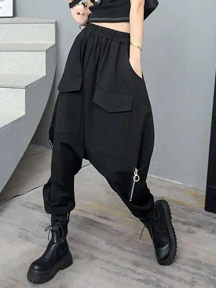 High Elastic Waist Black Pocket Zipper Long Casual Cross Pants New Trousers Women Fashion Tide Spring Autumn 2025  1DH6417