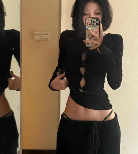 Y2k Aesthetic Sexy Hollow Out Tshirts Women Harajuku Gothic Punk Black T-shirt 2025 Autumn Streetwear Bodycon Bow Tees Femme