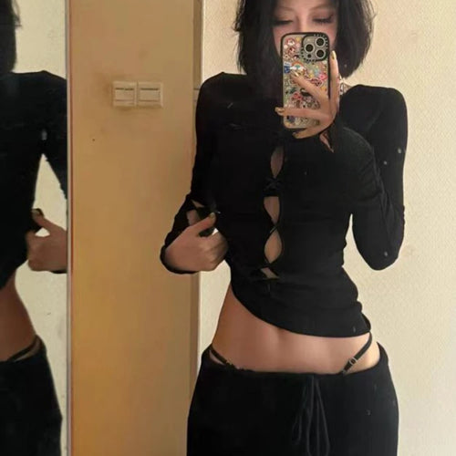 Load image into Gallery viewer, Y2k Aesthetic Sexy Hollow Out Tshirts Women Harajuku Gothic Punk Black T-shirt 2025 Autumn Streetwear Bodycon Bow Tees Femme
