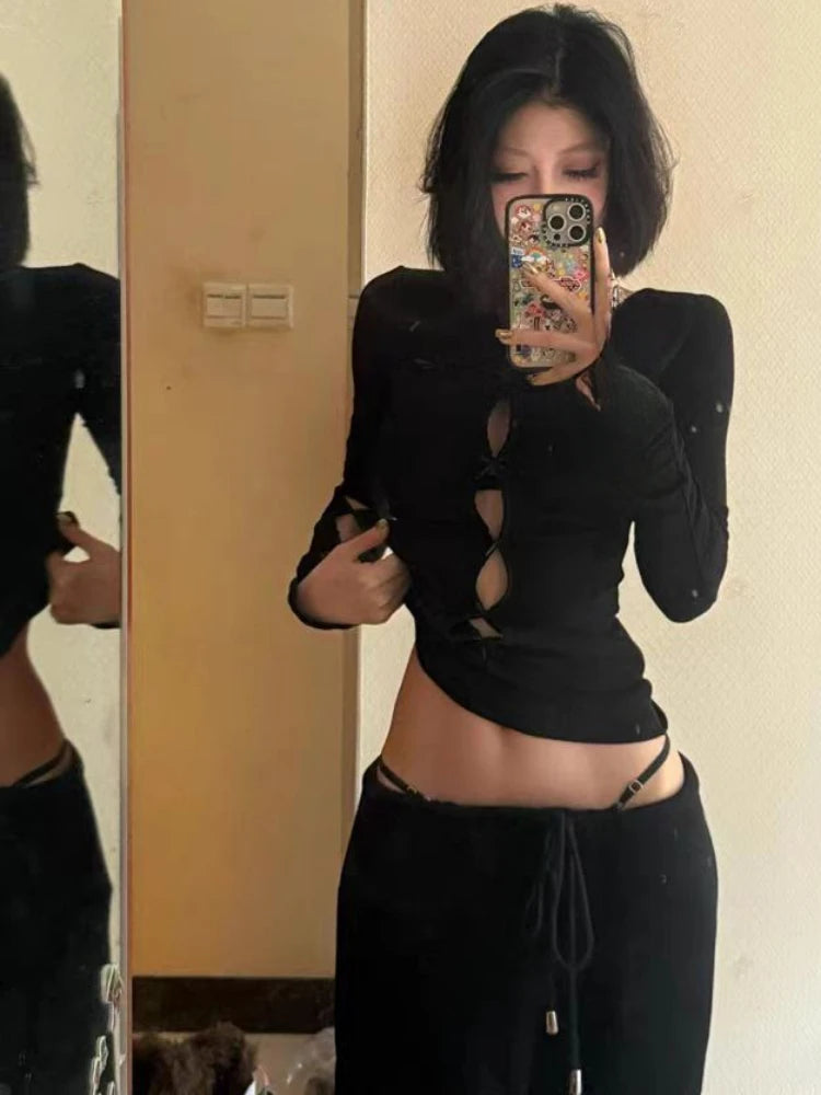 Y2k Aesthetic Sexy Hollow Out Tshirts Women Harajuku Gothic Punk Black T-shirt 2025 Autumn Streetwear Bodycon Bow Tees Femme