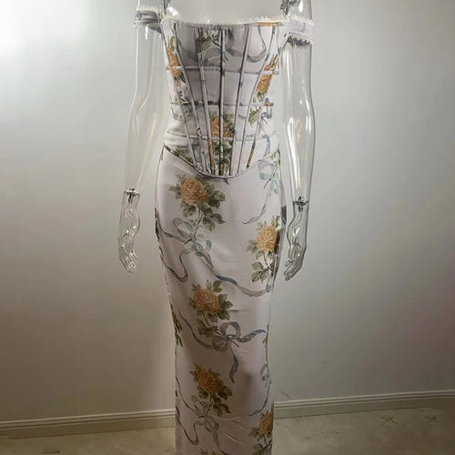 Load image into Gallery viewer, Vintage Print Sexy Maxi Dress Women Gown Summer Off-shoulder Sleeveless Backless Bodycon Club Party Long Dress Elegant
