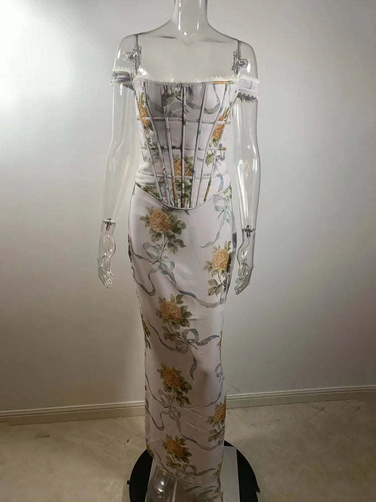 Vintage Print Sexy Maxi Dress Women Gown Summer Off-shoulder Sleeveless Backless Bodycon Club Party Long Dress Elegant