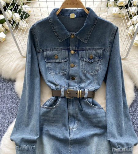 Autumn Retro Blue Long Sleeves Single Breasted Denim Long Dress Korean Fashion Women Slim High Waist A-line Jeans Dresses Simple