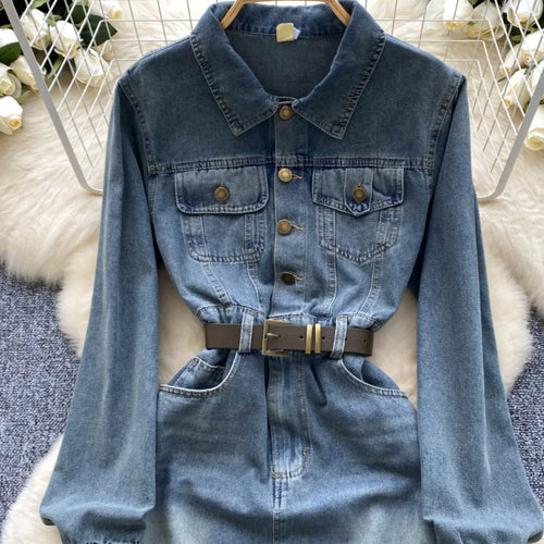 Load image into Gallery viewer, Autumn Retro Blue Long Sleeves Single Breasted Denim Long Dress Korean Fashion Women Slim High Waist A-line Jeans Dresses Simple
