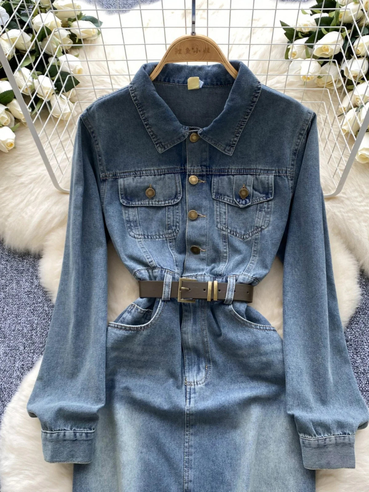 Autumn Retro Blue Long Sleeves Single Breasted Denim Long Dress Korean Fashion Women Slim High Waist A-line Jeans Dresses Simple