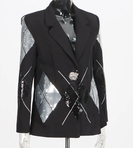 Hit Color Slimming Spliced Diamonds Blazers For Women Lapel Kong Sleeve Temperament Coats Female Fashion Style New