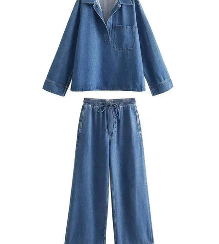 Big Size Blue Denim Shirt Wide Leg Pants Two Piece Suit New Lapel Long Sleeve Women Fashion Spring Autumn 2025 1DH6390