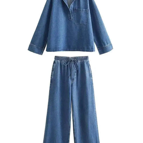 Load image into Gallery viewer, Big Size Blue Denim Shirt Wide Leg Pants Two Piece Suit New Lapel Long Sleeve Women Fashion Spring Autumn 2025 1DH6390
