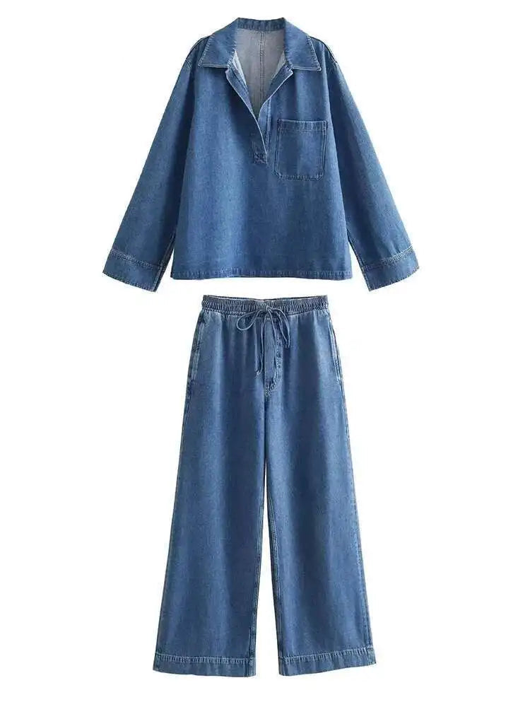 Big Size Blue Denim Shirt Wide Leg Pants Two Piece Suit New Lapel Long Sleeve Women Fashion Spring Autumn 2025 1DH6390