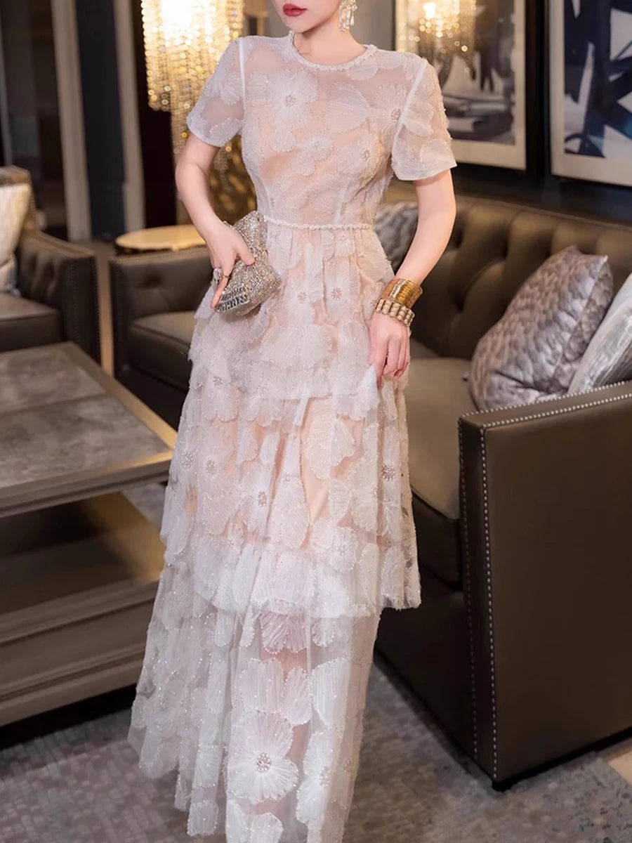 Hit Color Slimming Casual Elegant Dresses For Women O Neck Short Sleevehigh Waist Temperament Long Dress Female New