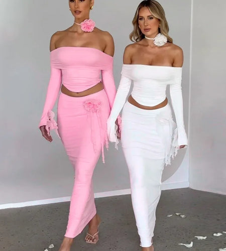 Winter New Sexy Long Sleeved Half Skirt Set For Woman 3D Flower Slim Tight Long Skirt Party Evening Dress Two Piece Set