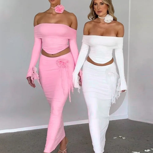 Load image into Gallery viewer, Winter New Sexy Long Sleeved Half Skirt Set For Woman 3D Flower Slim Tight Long Skirt Party Evening Dress Two Piece Set
