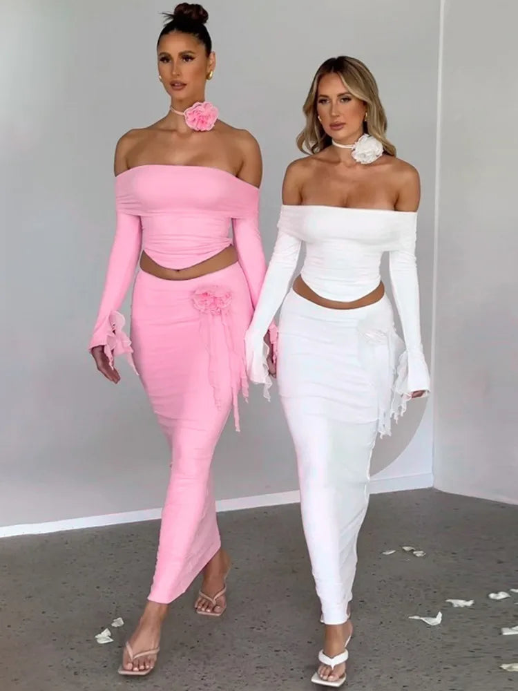 Winter New Sexy Long Sleeved Half Skirt Set For Woman 3D Flower Slim Tight Long Skirt Party Evening Dress Two Piece Set