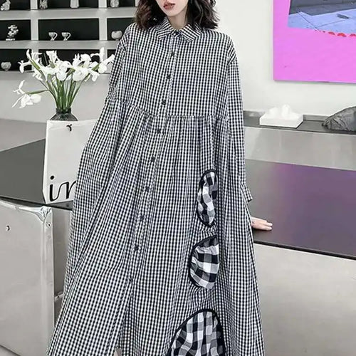 Load image into Gallery viewer, Women Black Plaid Pocket Vintage Big Size Midi Shirt Dress New Lapel Long Sleeve Fashion Tide Spring Autumn 2025 1DH6567
