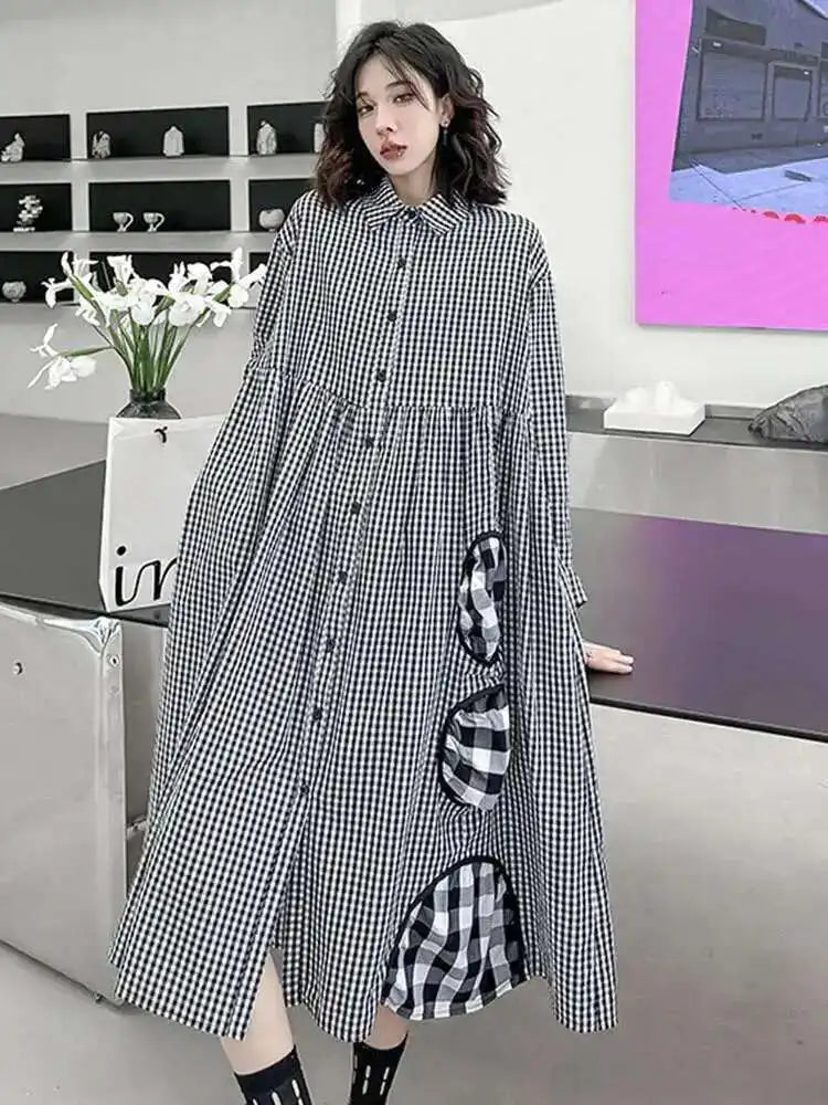 Women Black Plaid Pocket Vintage Big Size Midi Shirt Dress New Lapel Long Sleeve Fashion Tide Spring Autumn 2025 1DH6567