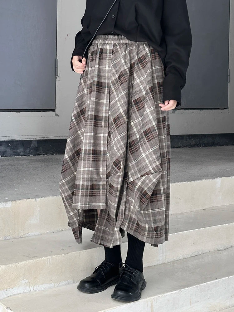 High Elastic Waist Black Plaid Irregular Design A-line Half-body Skirt Women Fashion Tide New Spring Autumn 2025 1DH9207