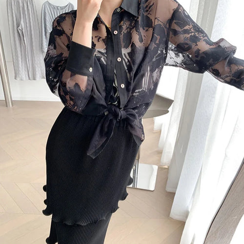 Load image into Gallery viewer, Summer Patchwork Sheer Mesh Shirt For Women Lapel Long Sleeve Solid Blouses Female Fashion Clothing Style
