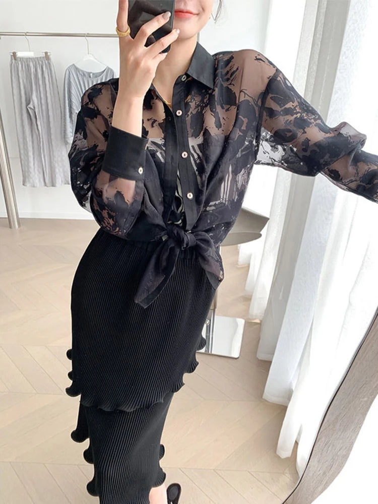 Summer Patchwork Sheer Mesh Shirt For Women Lapel Long Sleeve Solid Blouses Female Fashion Clothing Style