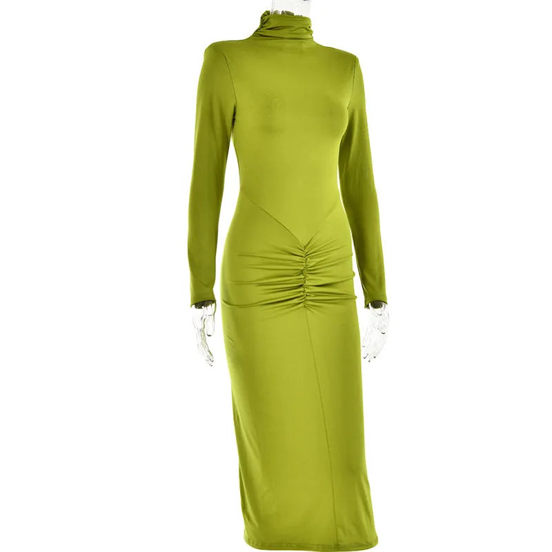 Elegant Turtleneck Long Sleeve Bodycon Maxi Dress Women Autumn Winter New Ruched Club Party Sexy Dress Vestidos