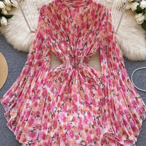 Load image into Gallery viewer, French Women Elegant Floral Print Half High Collar Slim Midi Dress 2023 Autumn Flared Long Sleeve Fashion Vacation Pleated Dress
