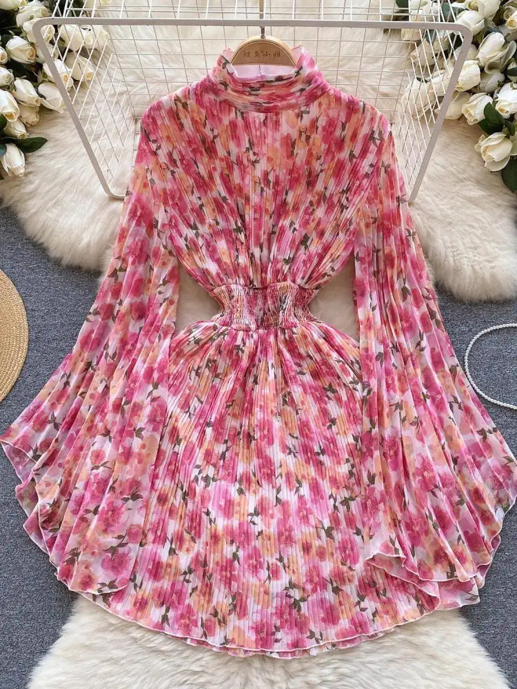 French Women Elegant Floral Print Half High Collar Slim Midi Dress 2023 Autumn Flared Long Sleeve Fashion Vacation Pleated Dress