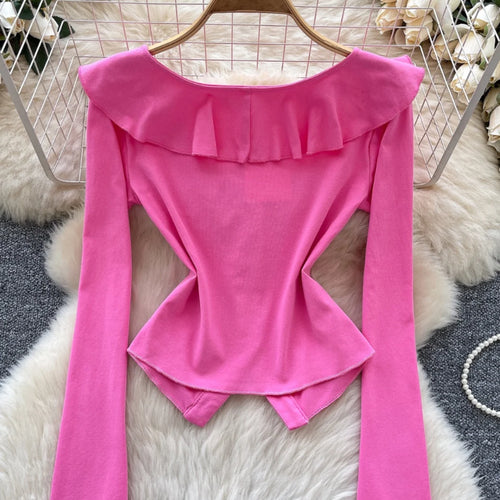 Load image into Gallery viewer, Vintage Fashion Women's Sweet Solid Single Breasted Long Sleeved T Shirt Spring Round Neck Ruffle Edge Short Cardigan Tops Trend
