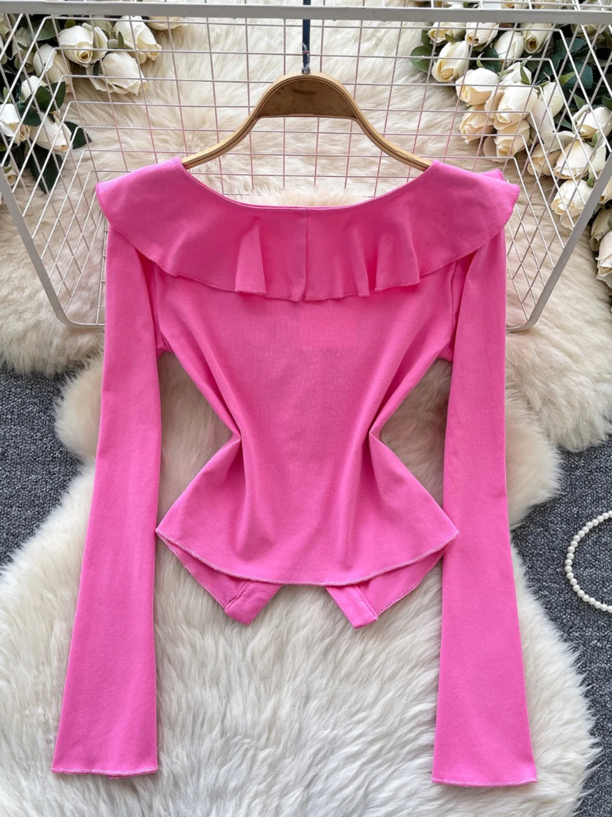 Vintage Fashion Women's Sweet Solid Single Breasted Long Sleeved T Shirt Spring Round Neck Ruffle Edge Short Cardigan Tops Trend