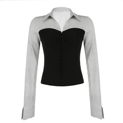 Load image into Gallery viewer, Fashion Chic Corset Women Blouse Tops Long Sleeve Spring Autumn Pins-Up Shirt Patched French Contrast Color Cardigans
