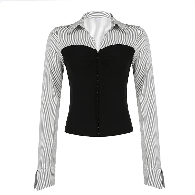 Fashion Chic Corset Women Blouse Tops Long Sleeve Spring Autumn Pins-Up Shirt Patched French Contrast Color Cardigans