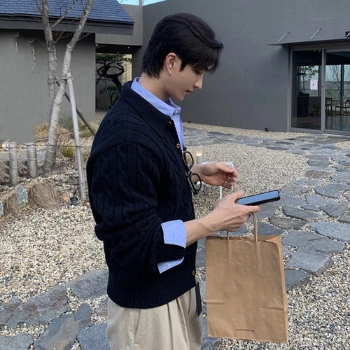 Load image into Gallery viewer, Solid Color Men's Sweaters Lapel Knitting Korean Style Single Breasted Twisted Casual Male Cardigan Spring Menswear 9W1231
