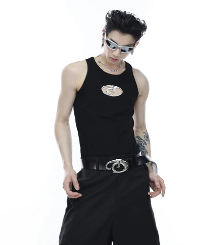 Summer Niche Design Metal Hollow Out Men's Vests Fashion Trendy Solid Color Sleeveless Tank Tops American Style 9A8385