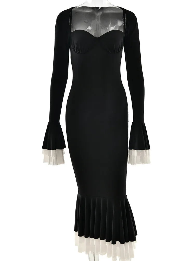 Elegant Long Flared Sleeve Elastic Tight Women Two-piece Set  Autumn/Winter New 2025 Sexy Party Club Evening Dress