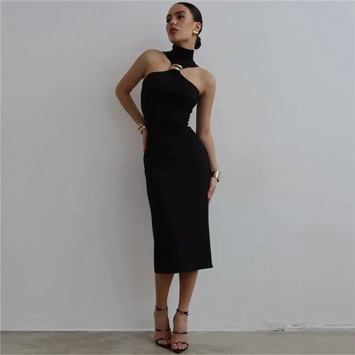 Load image into Gallery viewer, Turtleneck Off-shoulder Sexy Maxi Dress Women Gown Summer New Ring Metal Sleeveless Backless Skinny Knit Long Dress
