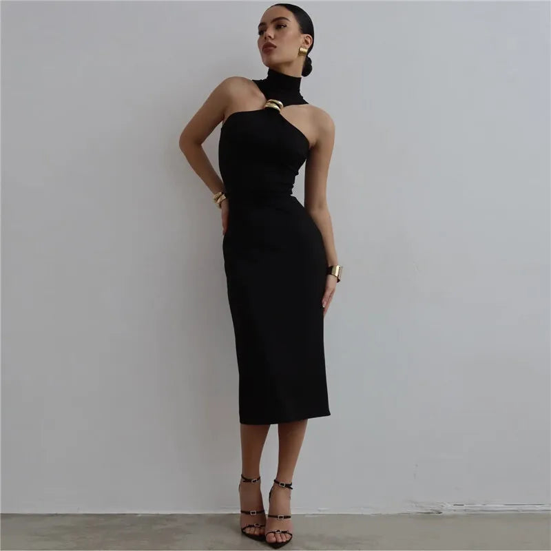 Turtleneck Off-shoulder Sexy Maxi Dress Women Gown Summer New Ring Metal Sleeveless Backless Skinny Knit Long Dress