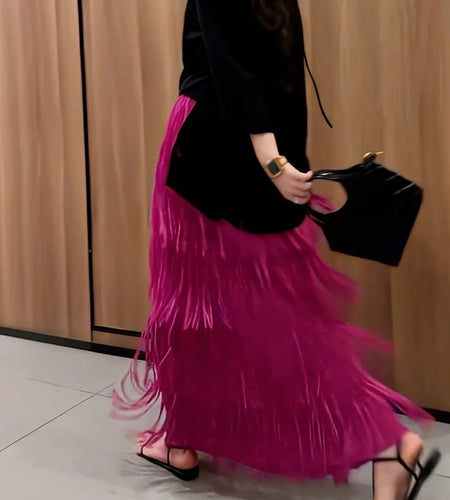 Vintage Elegant Skirt For Women High Waist Patchwork Tassel Hem Solid Midi Skirts Female High Street Summer Clothing Style Y2k