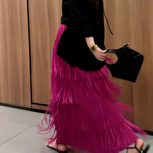 Load image into Gallery viewer, Vintage Elegant Skirt For Women High Waist Patchwork Tassel Hem Solid Midi Skirts Female High Street Summer Clothing Style Y2k
