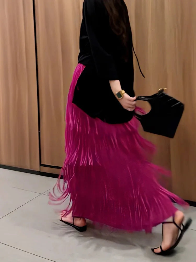 Vintage Elegant Skirt For Women High Waist Patchwork Tassel Hem Solid Midi Skirts Female High Street Summer Clothing Style Y2k