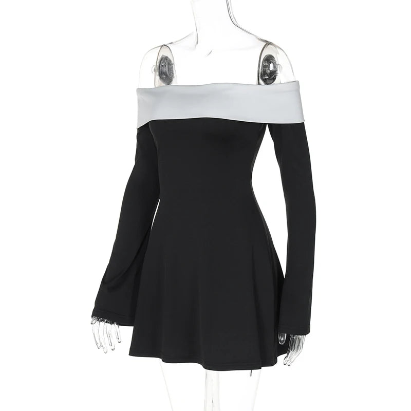Off-shoulder Long Sleeve Mini Dress For Women Autumn Winter New Patchwork Strapless Backless A-line Sexy Dress Elegant