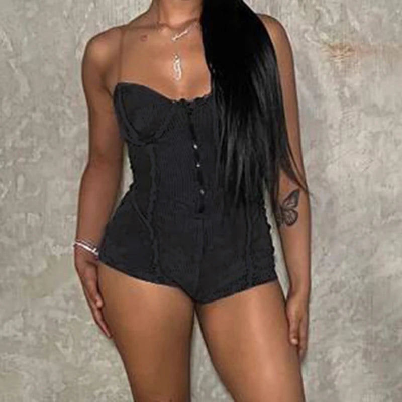 Streetwear Bodycon Sexy Summer Playsuit Women Spaghetti Strap Zipper Stitching Party Jumpsuit Club One Piece Rompers