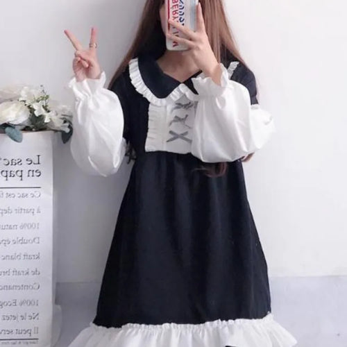 Load image into Gallery viewer, Kawaii Lolita Maid Dress Soft Girl Japanese Harajuku Peter Pan Collar Ruffles Party Long Sleeve Dresses Autumn Winter
