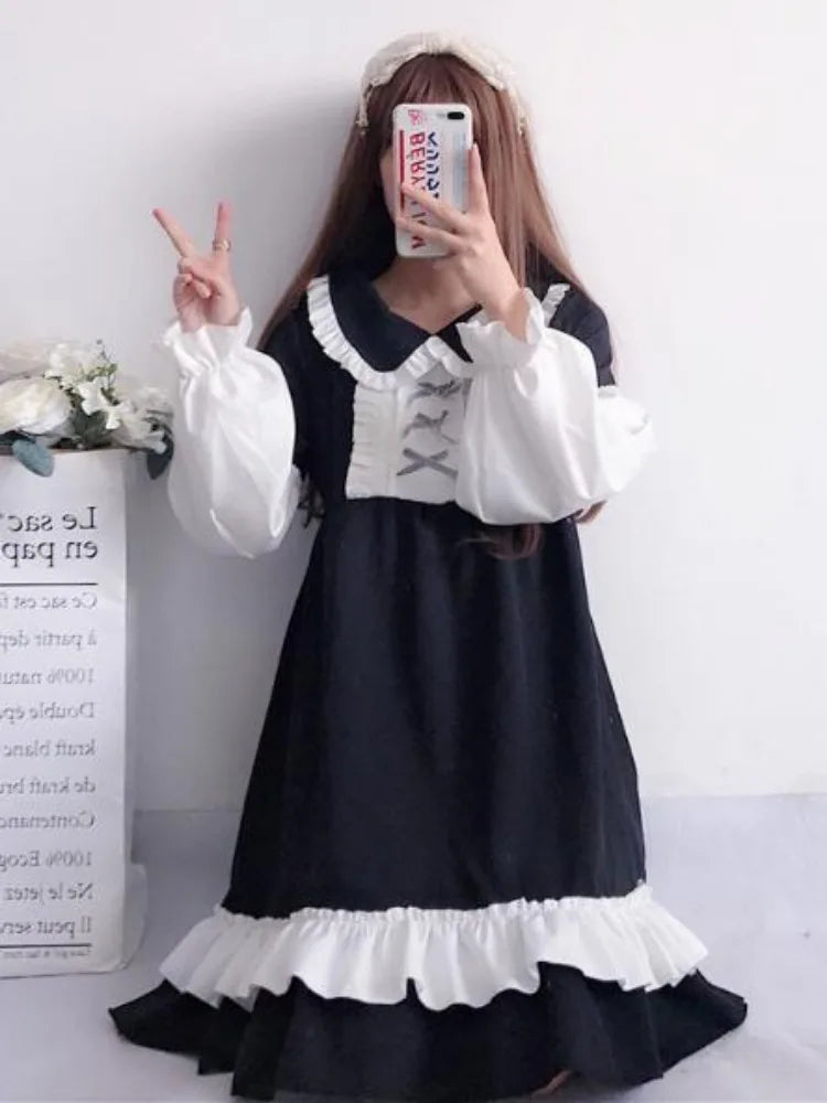 Kawaii Lolita Maid Dress Soft Girl Japanese Harajuku Peter Pan Collar Ruffles Party Long Sleeve Dresses Autumn Winter
