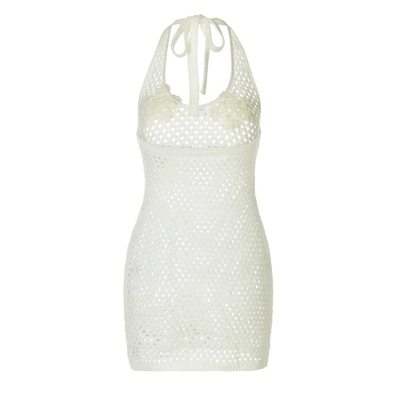 Hollow Out Beach Knit Sexy Mini Dress Women Elegant Halter Lace-up Sleeveless Backless Vacation Club Party Dress