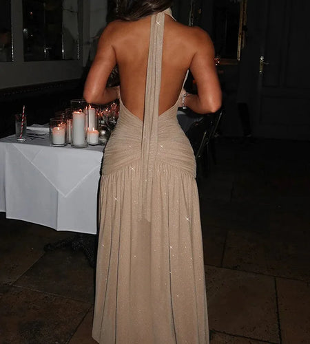 Sexy Sleeveless Backless Shiny Silver Silk Strap Dress For Women Spring 2025 Vestidos Slit Slim Party Evening Dress