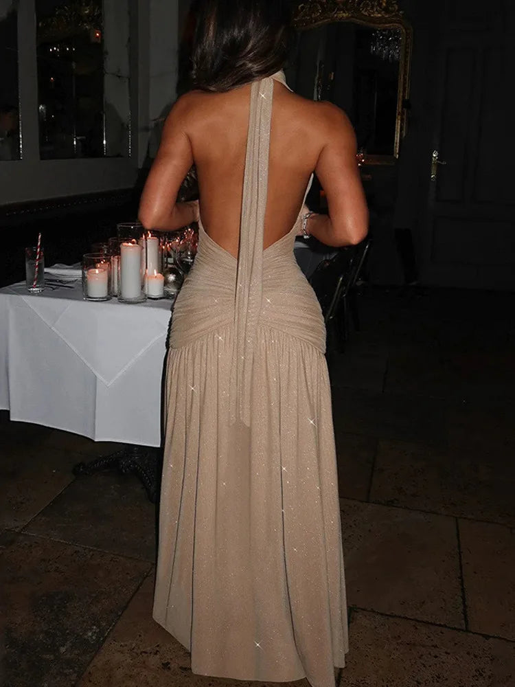 Sexy Sleeveless Backless Shiny Silver Silk Strap Dress For Women Spring 2025 Vestidos Slit Slim Party Evening Dress