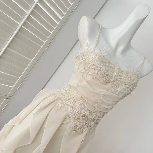 Load image into Gallery viewer, Summer French Vintage New Purple Elegant Slim Backless Party Dress Women Beige High Waist Sleeveless Ruffle Edge Slip Long Dress
